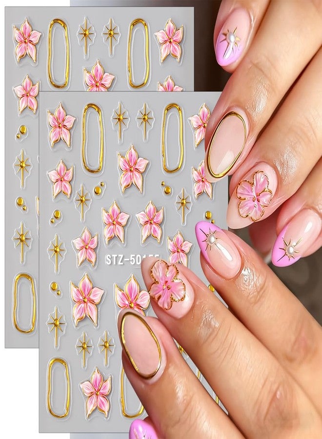 JALIYA 2pcs 5D Embossed Hibiscus Flower Nail Stickers Ice Flower Nail Decals Pink Flowers With Golden Metal Ring Charm Self-Adhesive Sticker Nails for Women Floral Decor Nail Art Sticker Manicure Decorations - Image 1